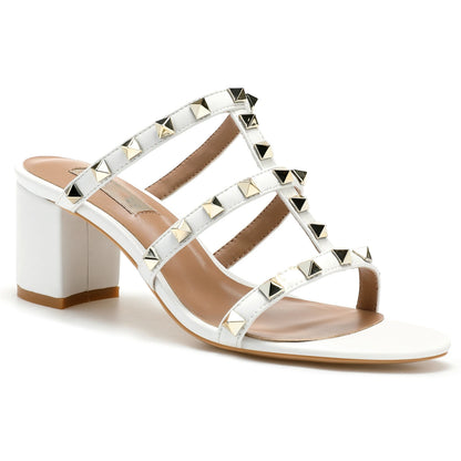 White Rivets Strappy Luxury Designer Women Elegant Slide Sandals Block High Heel Shoe