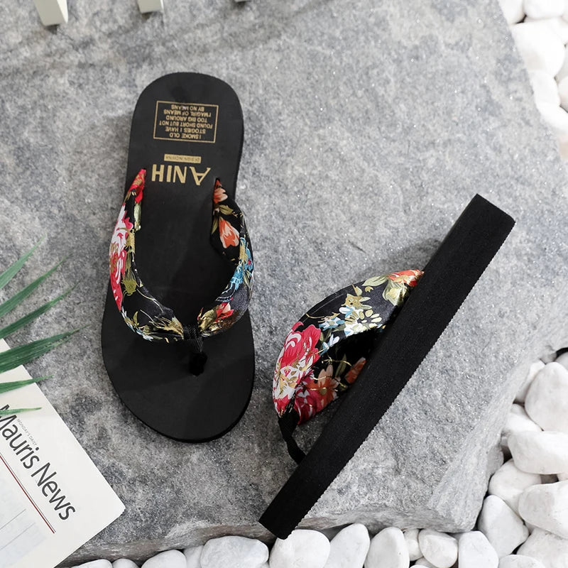 Papuci Negru Floral Panglică Boemă Satin Femei Flip-flop Plajă Simplu Timp Liber Pantofi Damă Sandal